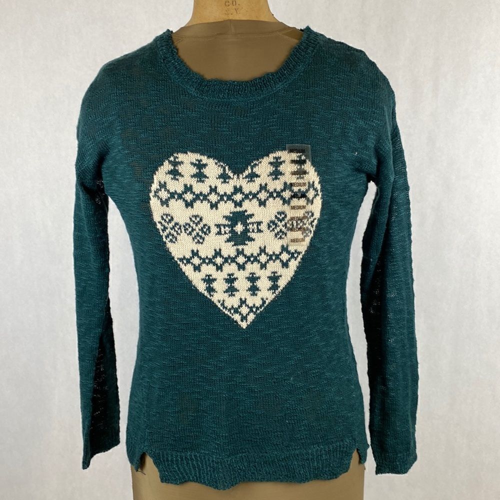 NWT Pink Rose Country Heart Sweater Sz Medium Green Cream